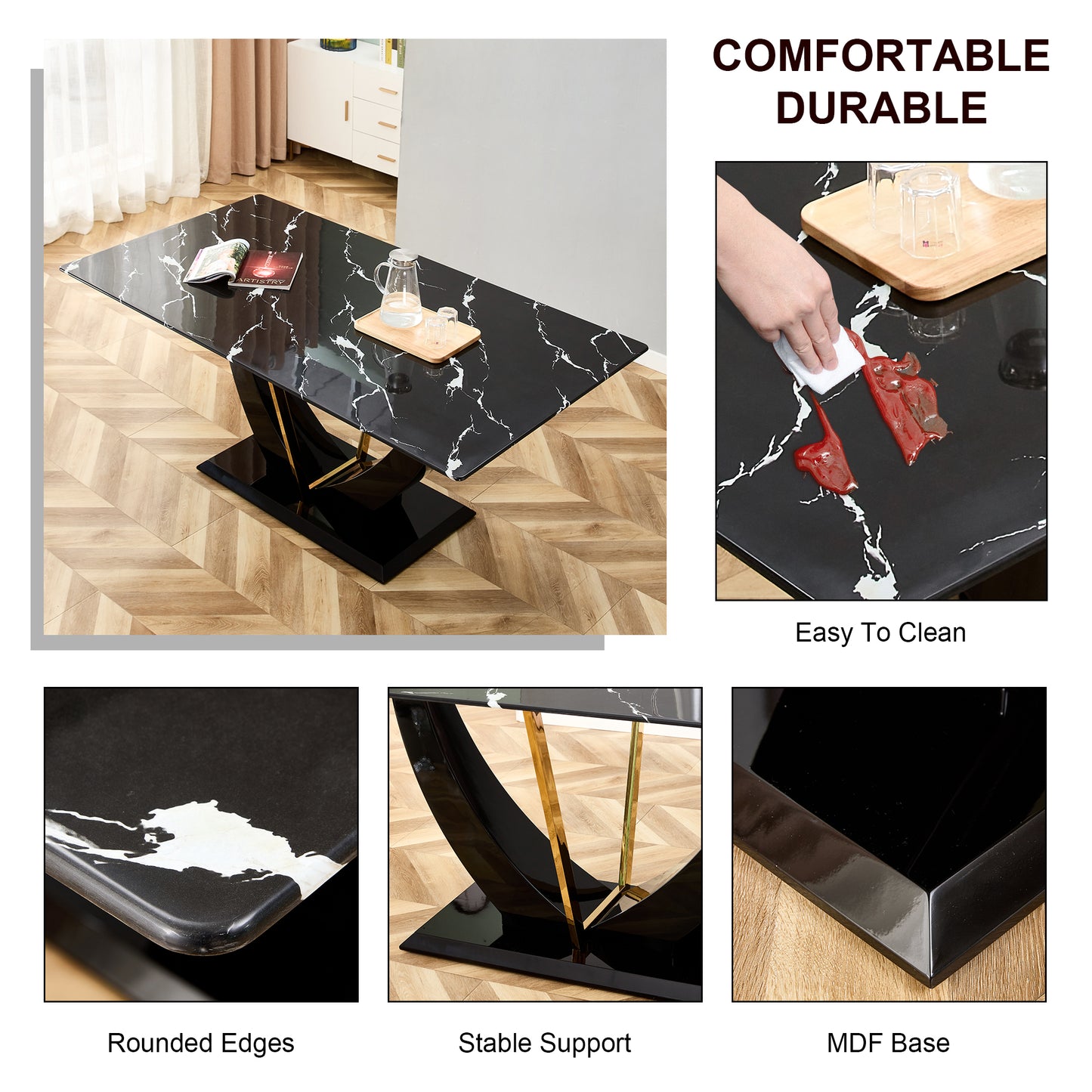 Modern minimalist and luxurious black imitation marble texture dining table rectangular office desk.Game desk .desk.For dining room, living room, terrace, kitchen F-907