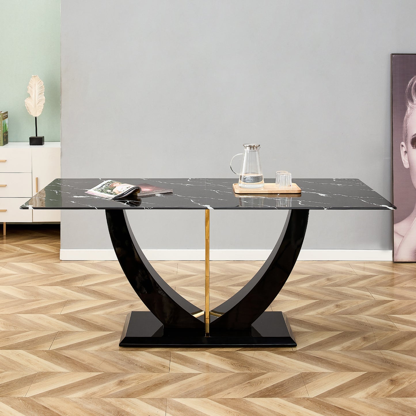 Modern minimalist and luxurious black imitation marble texture dining table rectangular office desk.Game desk .desk.For dining room, living room, terrace, kitchen F-907