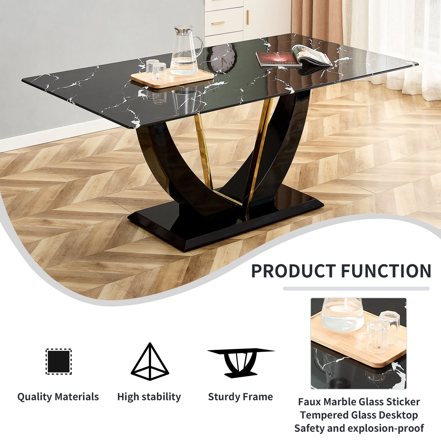 Modern minimalist and luxurious black imitation marble texture dining table rectangular office desk.Game desk .desk.For dining room, living room, terrace, kitchen F-907