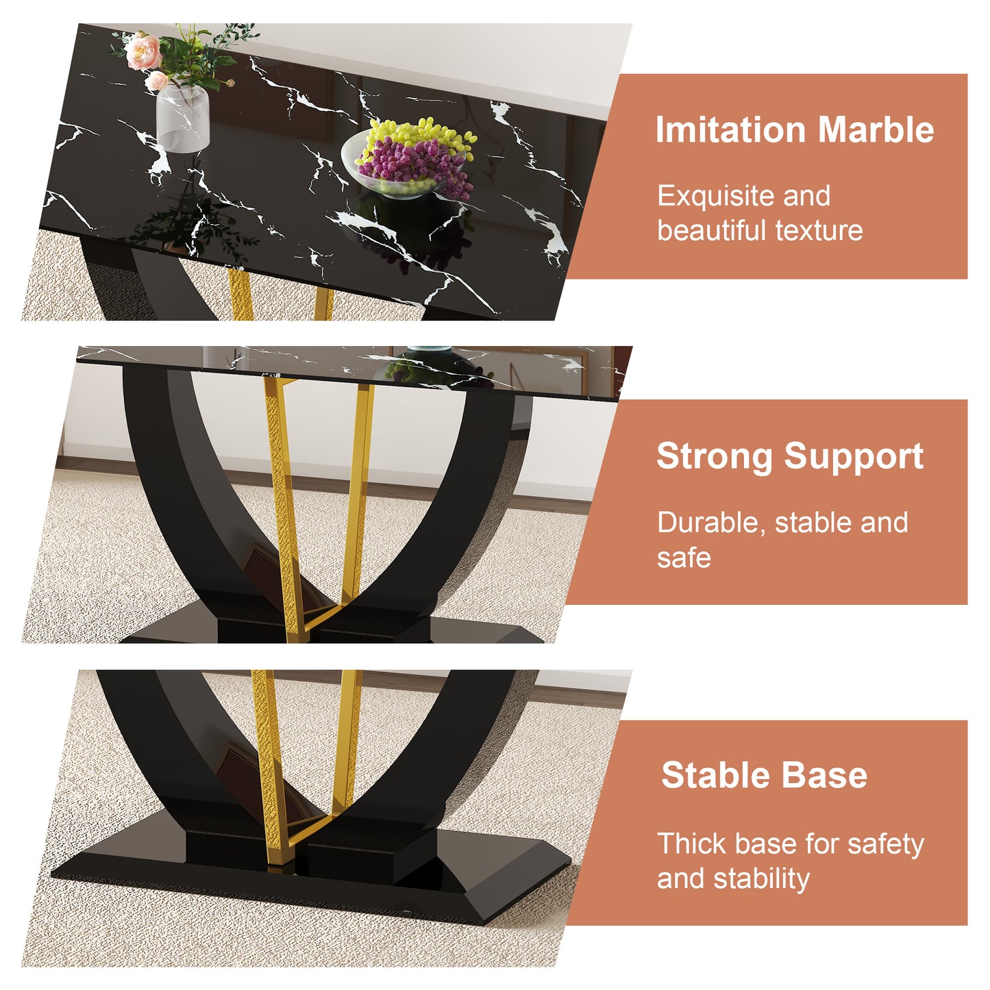 Modern minimalist and luxurious black imitation marble texture dining table rectangular office desk.Game desk .desk.For dining room, living room, terrace, kitchen F-907