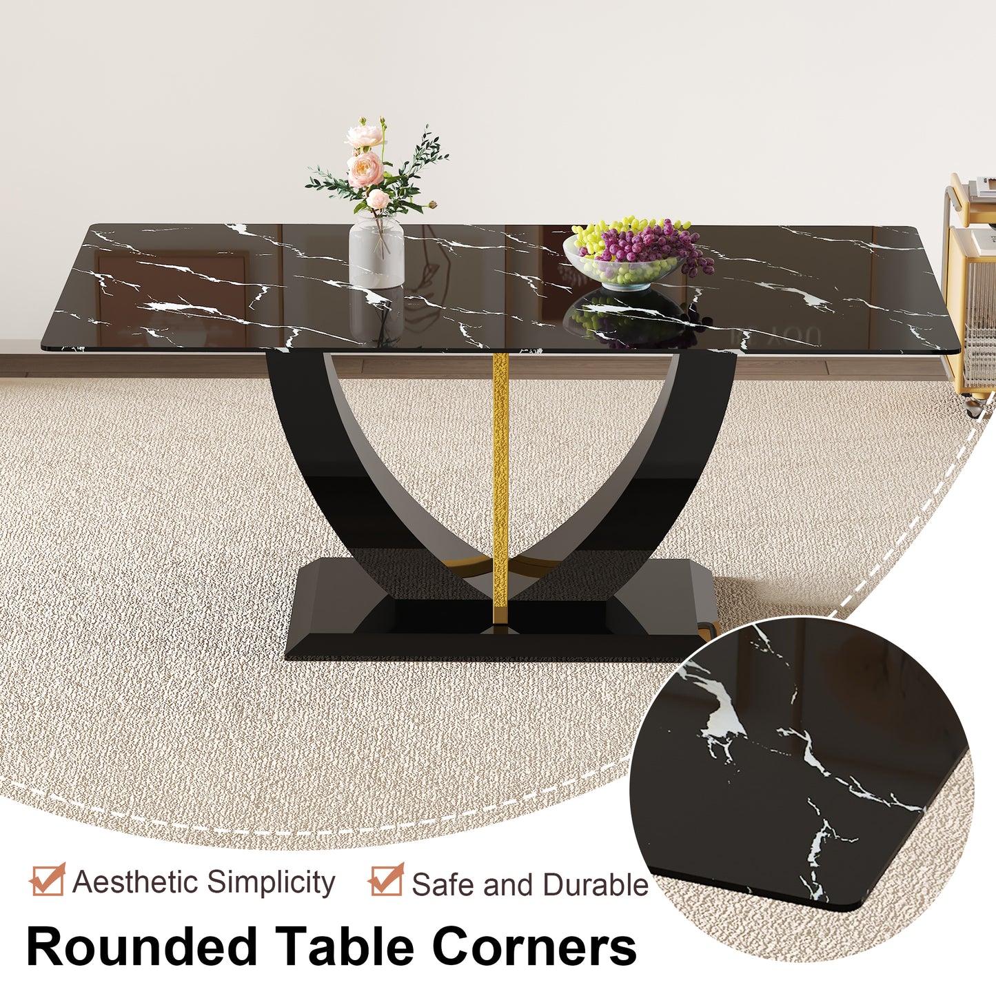 Modern minimalist and luxurious black imitation marble texture dining table rectangular office desk.Game desk .desk.For dining room, living room, terrace, kitchen F-907