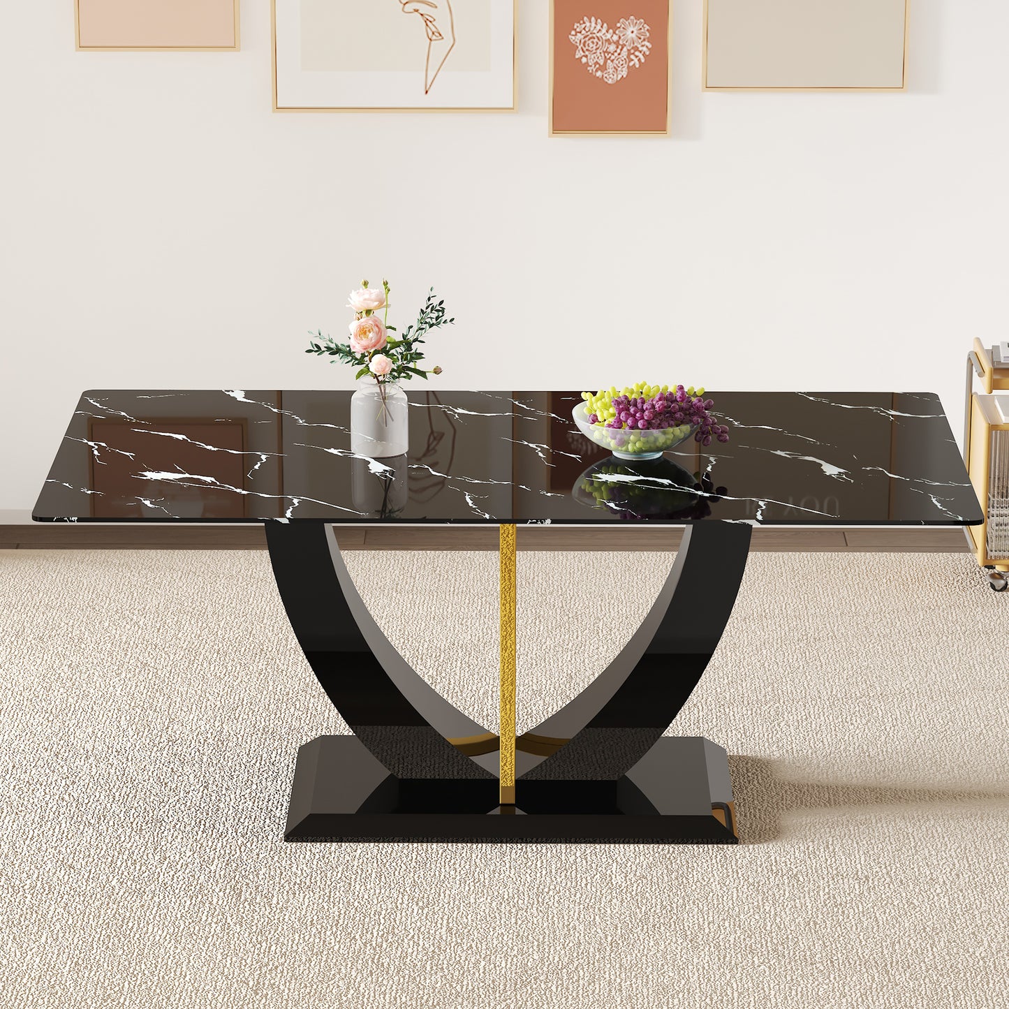 Modern minimalist and luxurious black imitation marble texture dining table rectangular office desk.Game desk .desk.For dining room, living room, terrace, kitchen F-907