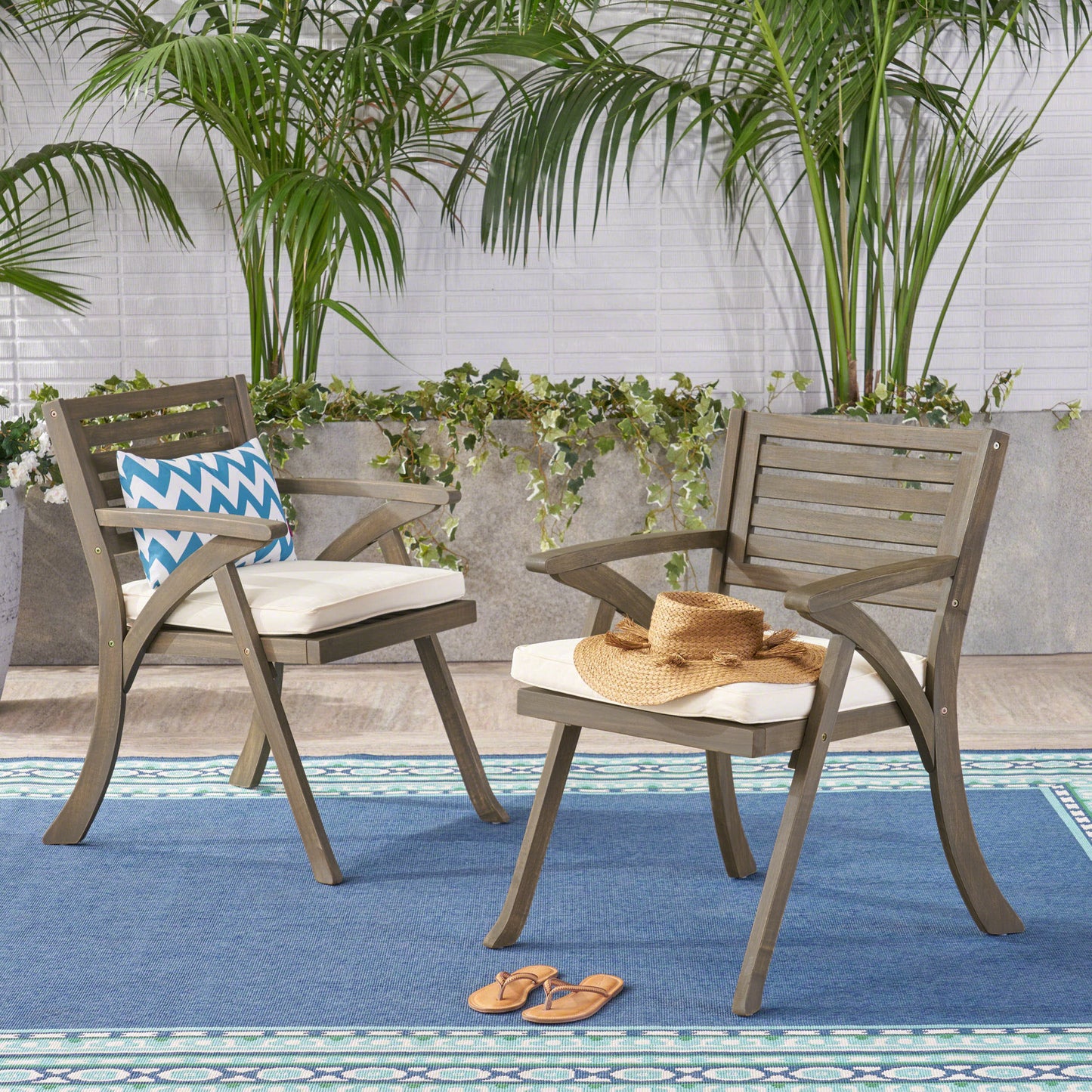 Outdoor Acacia Wood Dining Chair, Gray and Crème