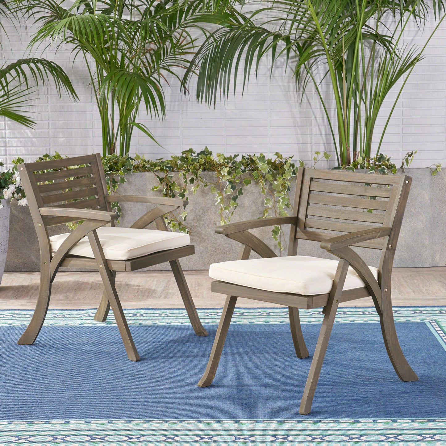 Outdoor Acacia Wood Dining Chair, Gray and Crème