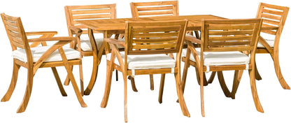 OUTDOOR  7 PIECE WOOD DINING SET WITH CUSHIONS,TEAK
