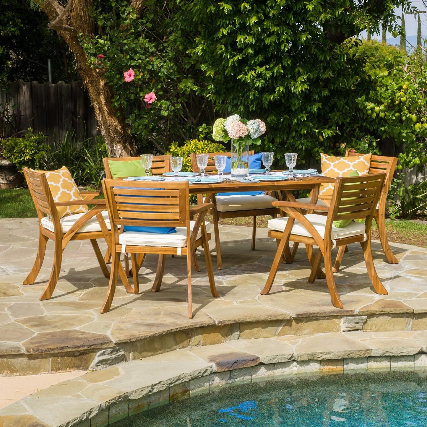 OUTDOOR  7 PIECE WOOD DINING SET WITH CUSHIONS,TEAK