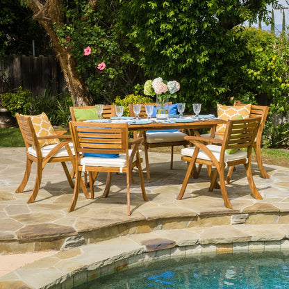 OUTDOOR  7 PIECE WOOD DINING SET WITH CUSHIONS,TEAK