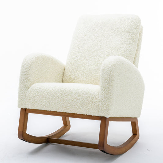 COOLMORE Rocking Chair, Modern Glider Chair, Recliner Armchair with Wood Legs and Side Pocket, Nursery Rocking Accent Chair with High Back for Living Room Bedroom (White Teddy)