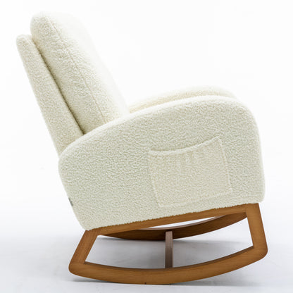 COOLMORE Rocking Chair, Modern Glider Chair, Recliner Armchair with Wood Legs and Side Pocket, Nursery Rocking Accent Chair with High Back for Living Room Bedroom (White Teddy)