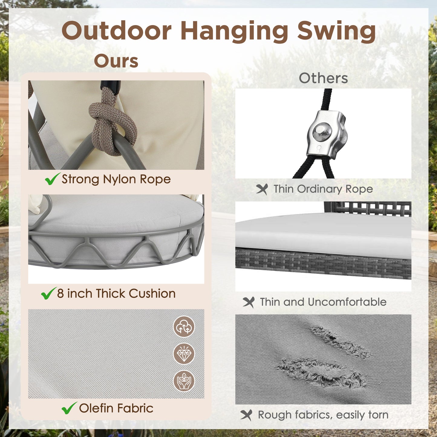 Outdoor Porch Swing Chair Hanging Basket, Hanging Chair with UV Resistant Cushion, Olefin Fabric for Patio Porch, Balcony, Beige