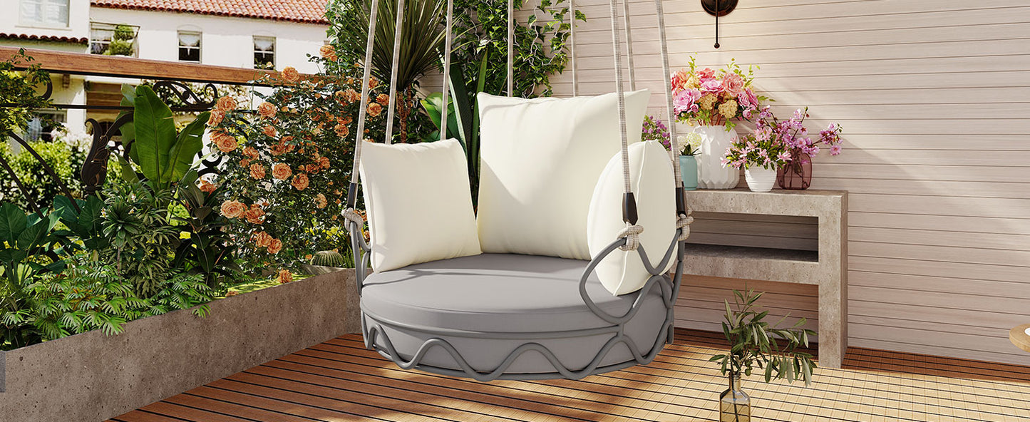 Outdoor Porch Swing Chair Hanging Basket, Hanging Chair with UV Resistant Cushion, Olefin Fabric for Patio Porch, Balcony, Beige