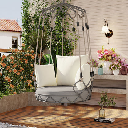Outdoor Porch Swing Chair Hanging Basket, Hanging Chair with UV Resistant Cushion, Olefin Fabric for Patio Porch, Balcony, Beige