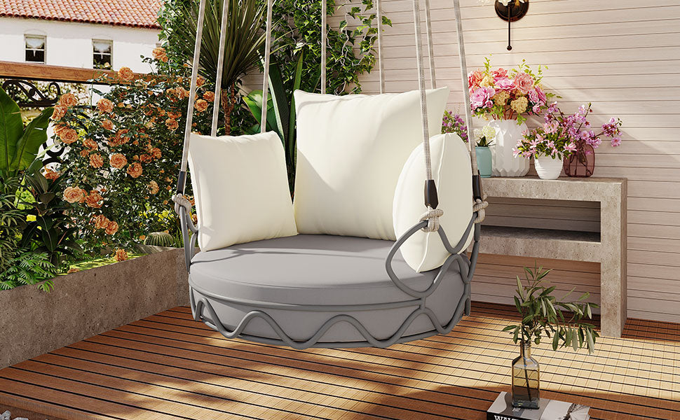 Outdoor Porch Swing Chair Hanging Basket, Hanging Chair with UV Resistant Cushion, Olefin Fabric for Patio Porch, Balcony, Beige