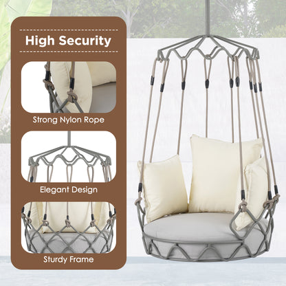 Outdoor Porch Swing Chair Hanging Basket, Hanging Chair with UV Resistant Cushion, Olefin Fabric for Patio Porch, Balcony, Beige