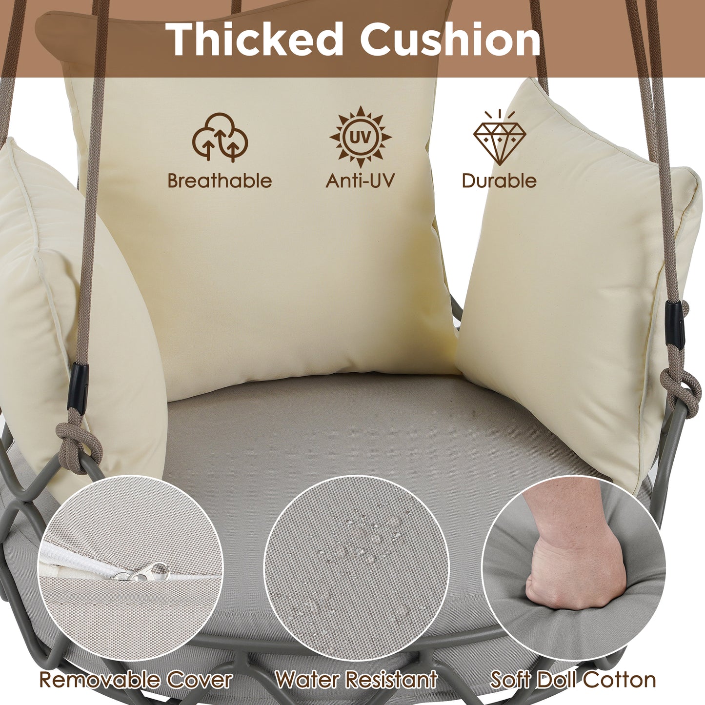 Outdoor Porch Swing Chair Hanging Basket, Hanging Chair with UV Resistant Cushion, Olefin Fabric for Patio Porch, Balcony, Beige