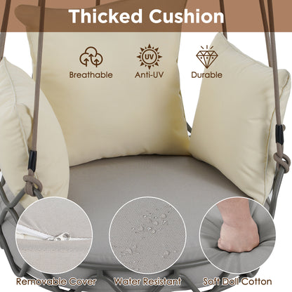 Outdoor Porch Swing Chair Hanging Basket, Hanging Chair with UV Resistant Cushion, Olefin Fabric for Patio Porch, Balcony, Beige
