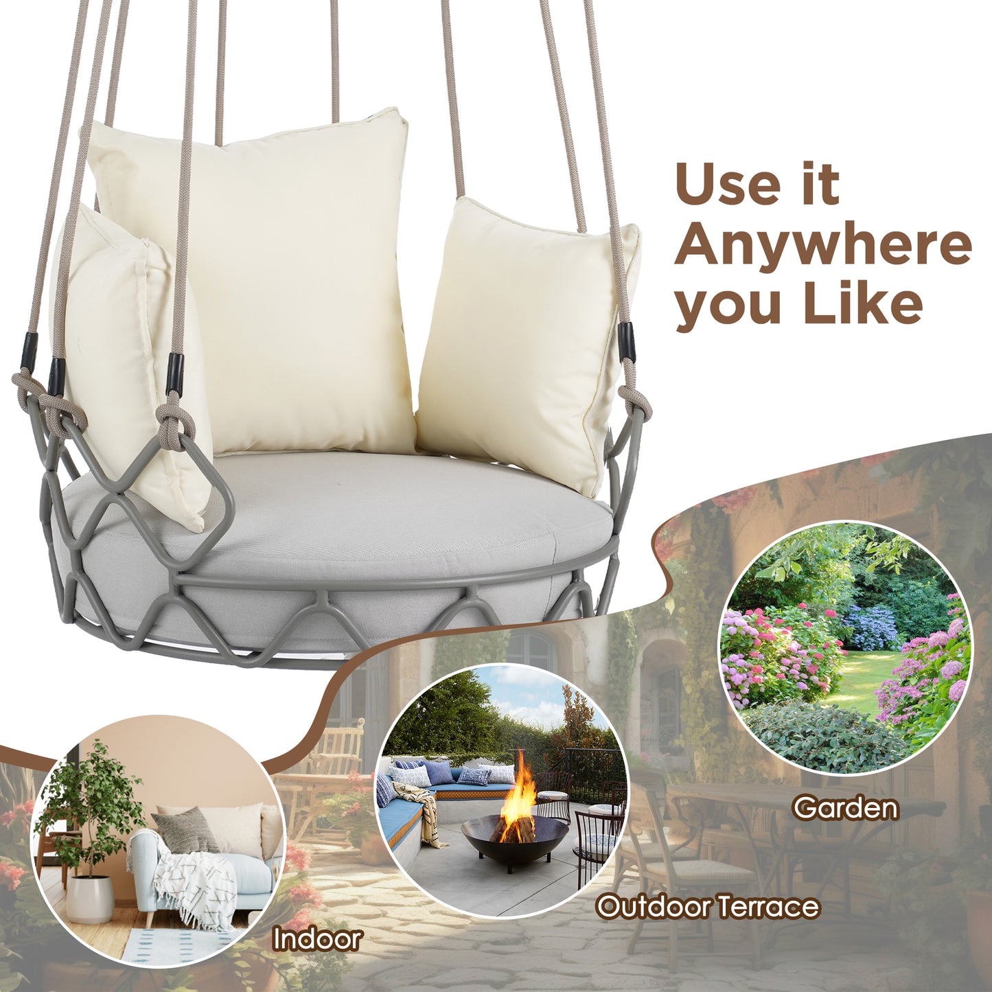 Outdoor Porch Swing Chair Hanging Basket, Hanging Chair with UV Resistant Cushion, Olefin Fabric for Patio Porch, Balcony, Beige
