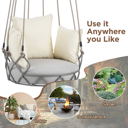 Outdoor Porch Swing Chair Hanging Basket, Hanging Chair with UV Resistant Cushion, Olefin Fabric for Patio Porch, Balcony, Beige