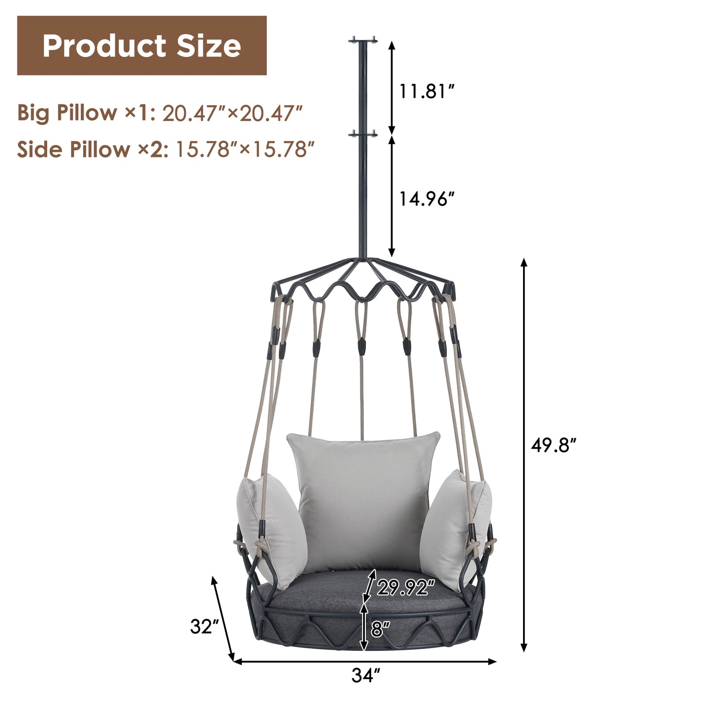 Outdoor Porch Swing Chair Hanging Basket, Hanging Chair with UV Resistant Cushion, Olefin Fabric for Patio Porch, Balcony, Gray