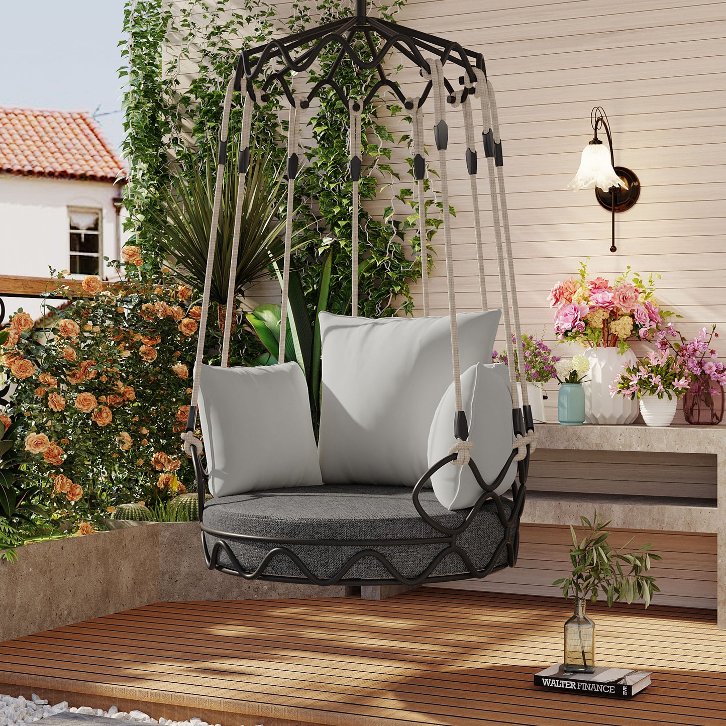 Outdoor Porch Swing Chair Hanging Basket, Hanging Chair with UV Resistant Cushion, Olefin Fabric for Patio Porch, Balcony, Gray