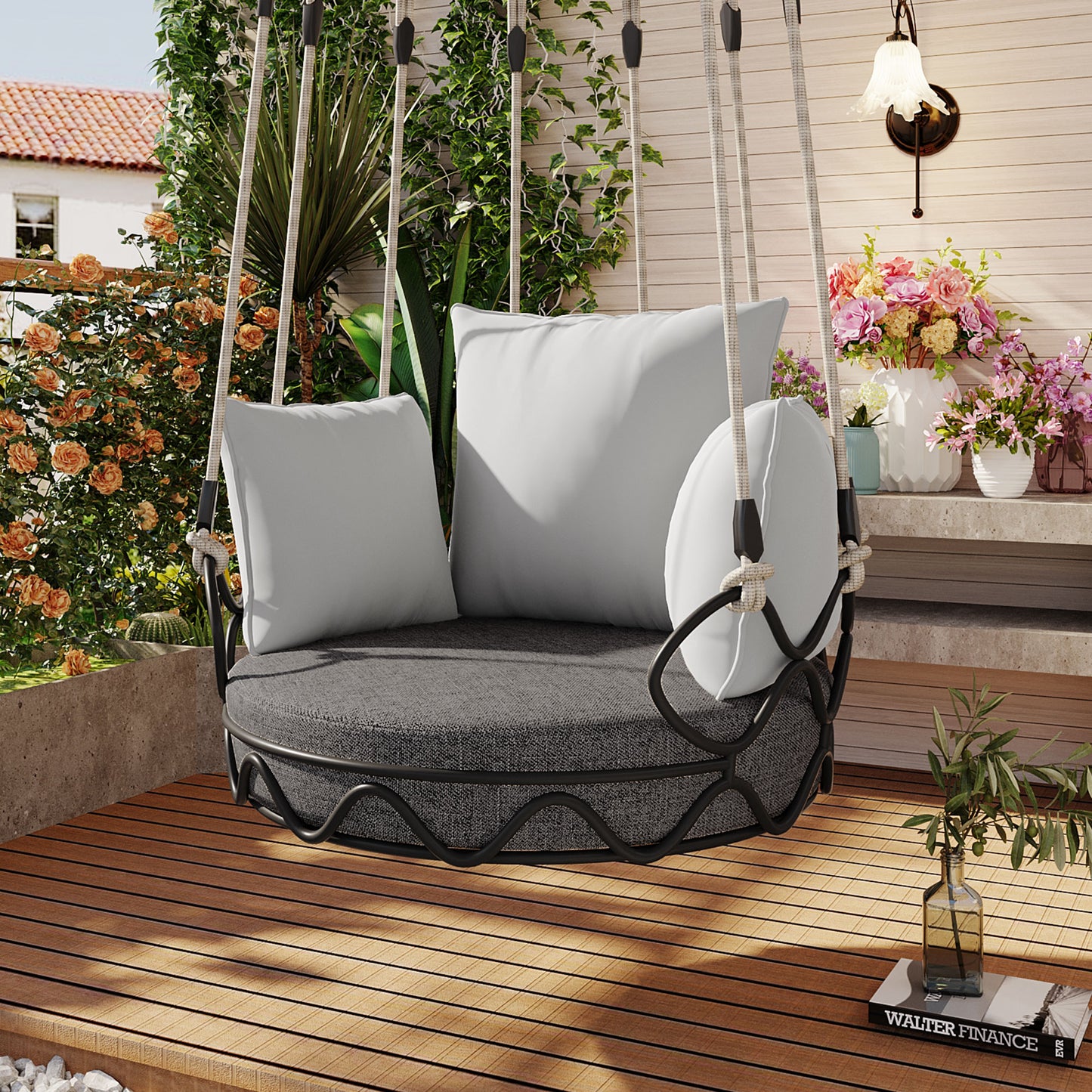 Outdoor Porch Swing Chair Hanging Basket, Hanging Chair with UV Resistant Cushion, Olefin Fabric for Patio Porch, Balcony, Gray