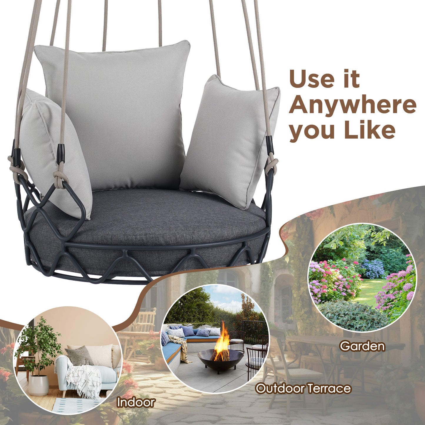 Outdoor Porch Swing Chair Hanging Basket, Hanging Chair with UV Resistant Cushion, Olefin Fabric for Patio Porch, Balcony, Gray