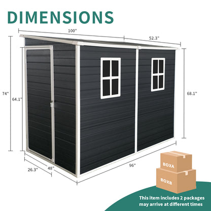 8x4ft Outdoor Resin Garden Shed with Floor and 2 Windows, Plastic Patio Outdoor Storage Shed with Lockable Door for Garden Tools, Bicycles, Trash Cans, Black