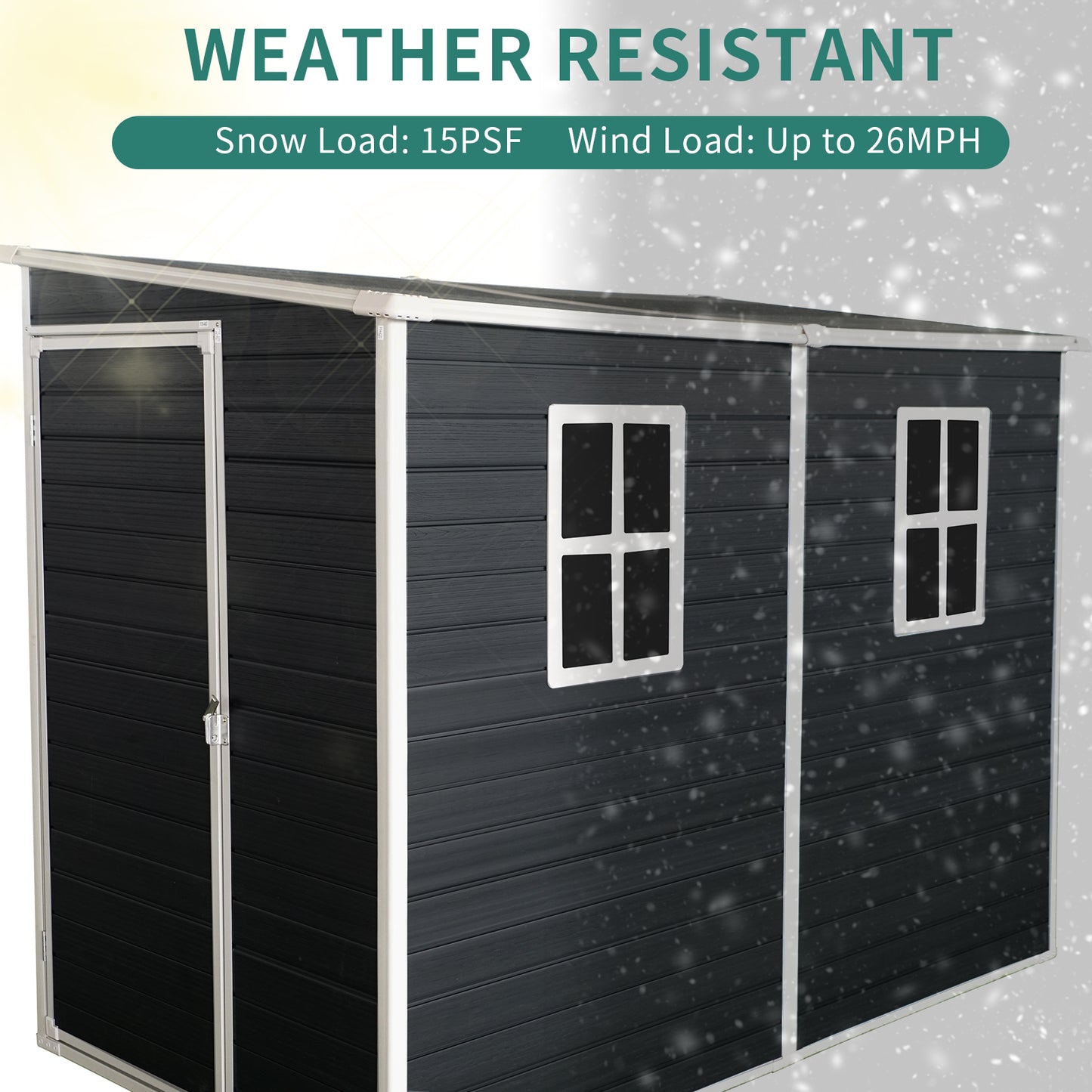 8x4ft Outdoor Resin Garden Shed with Floor and 2 Windows, Plastic Patio Outdoor Storage Shed with Lockable Door for Garden Tools, Bicycles, Trash Cans, Black