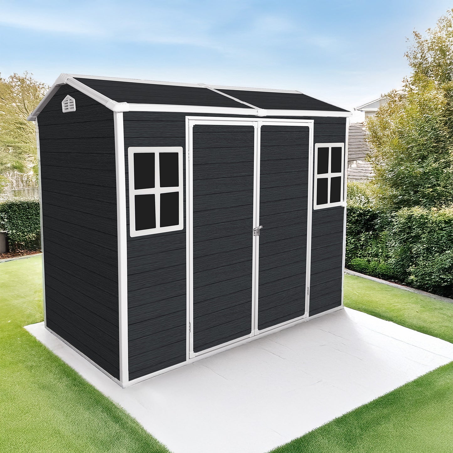 8x4ft Outdoor Resin Garden Shed with Floor and 2 Windows, Plastic Patio Outdoor Storage Shed with Lockable Door for Garden Tools, Bicycles, Trash Cans, Black