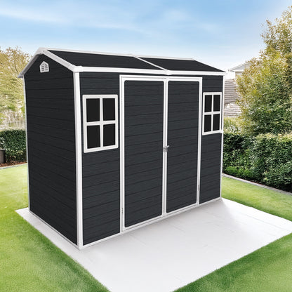 8x4ft Outdoor Resin Garden Shed with Floor and 2 Windows, Plastic Patio Outdoor Storage Shed with Lockable Door for Garden Tools, Bicycles, Trash Cans, Black