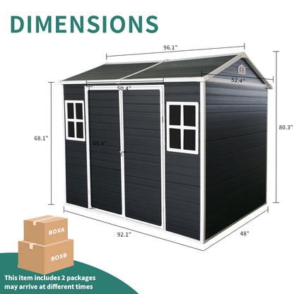 8x4ft Outdoor Resin Garden Shed with Floor and 2 Windows, Plastic Patio Outdoor Storage Shed with Lockable Door for Garden Tools, Bicycles, Trash Cans, Black
