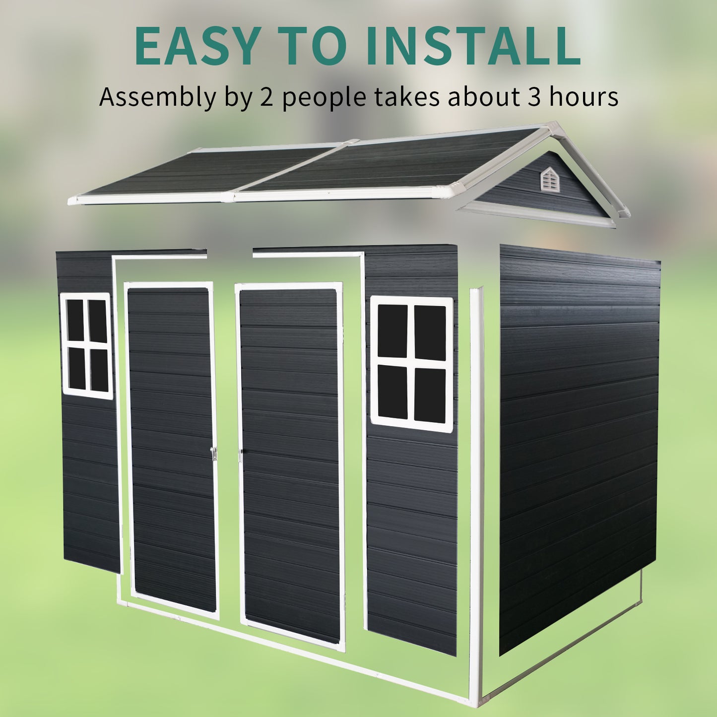 8x4ft Outdoor Resin Garden Shed with Floor and 2 Windows, Plastic Patio Outdoor Storage Shed with Lockable Door for Garden Tools, Bicycles, Trash Cans, Black