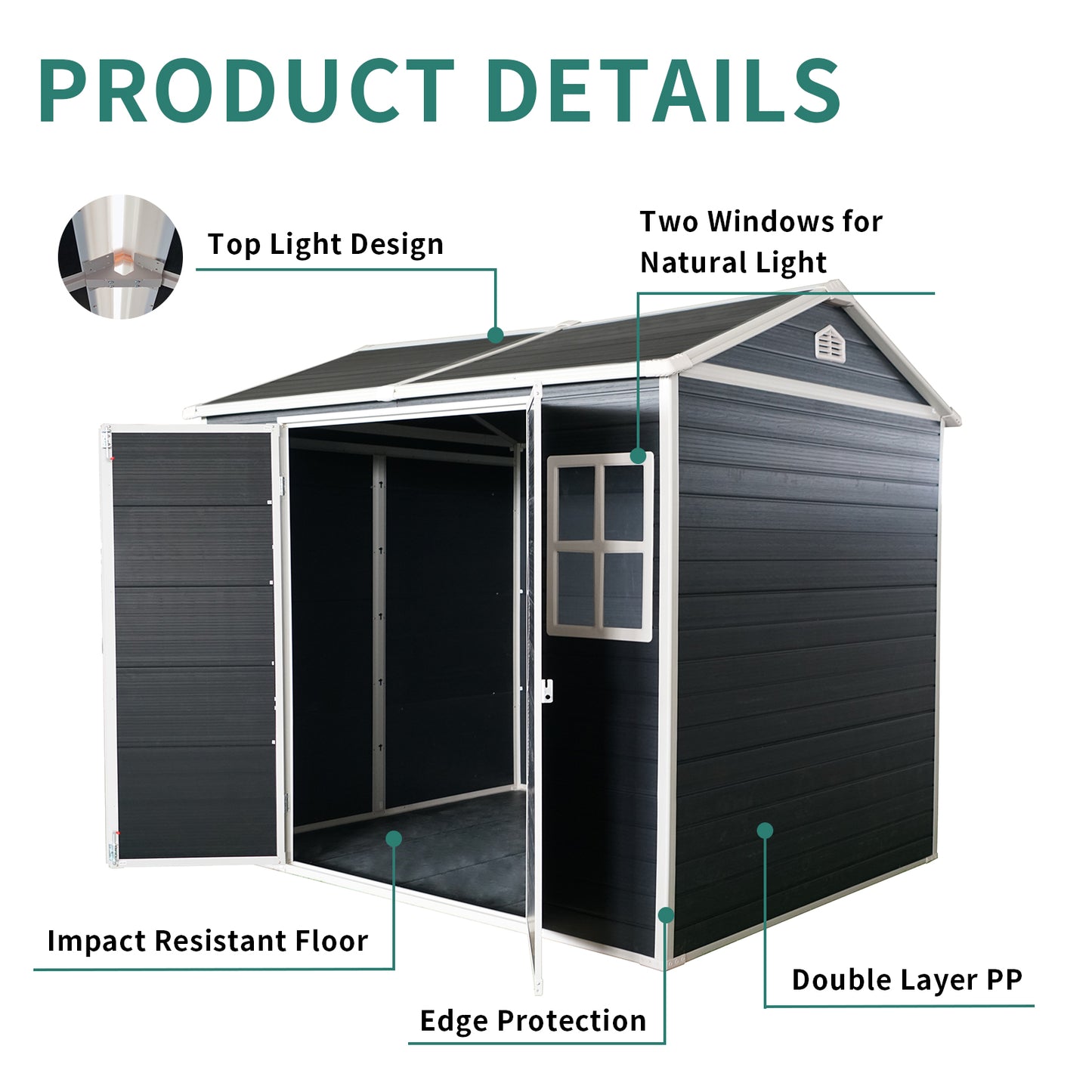 8x4ft Outdoor Resin Garden Shed with Floor and 2 Windows, Plastic Patio Outdoor Storage Shed with Lockable Door for Garden Tools, Bicycles, Trash Cans, Black