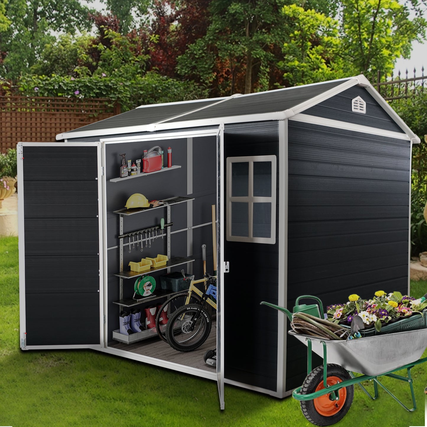 8x4ft Outdoor Resin Garden Shed with Floor and 2 Windows, Plastic Patio Outdoor Storage Shed with Lockable Door for Garden Tools, Bicycles, Trash Cans, Black