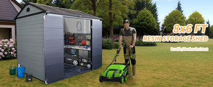 Upgraded 8x6ft Outdoor Resin Garden Shed with Floor and 2 Windows, Plastic Patio Outdoor Storage Shed with Lockable Door for Garden Tools, Bicycles, Trash Cans, Grey+Black