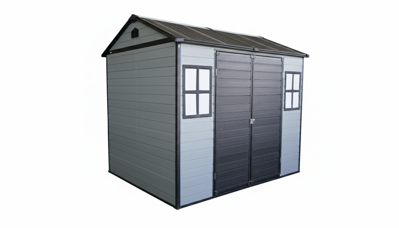 Upgraded 8x6ft Outdoor Resin Garden Shed with Floor and 2 Windows, Plastic Patio Outdoor Storage Shed with Lockable Door for Garden Tools, Bicycles, Trash Cans, Grey+Black