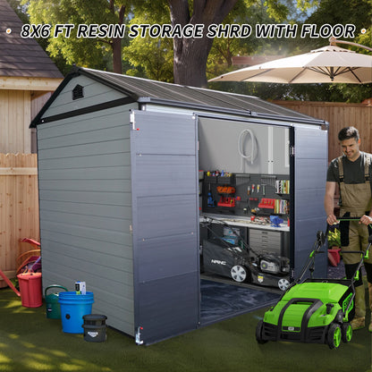 Upgraded 8x6ft Outdoor Resin Garden Shed with Floor and 2 Windows, Plastic Patio Outdoor Storage Shed with Lockable Door for Garden Tools, Bicycles, Trash Cans, Grey+Black