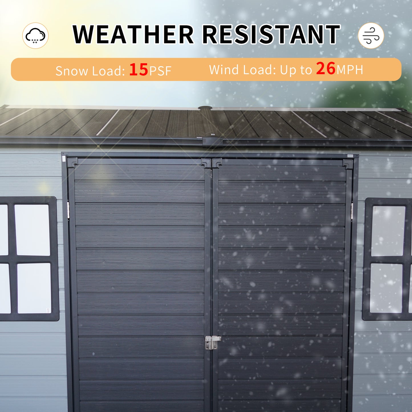 Upgraded 8x6ft Outdoor Resin Garden Shed with Floor and 2 Windows, Plastic Patio Outdoor Storage Shed with Lockable Door for Garden Tools, Bicycles, Trash Cans, Grey+Black