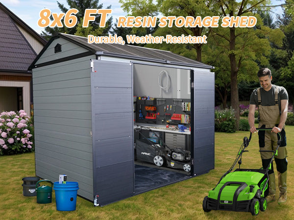Upgraded 8x6ft Outdoor Resin Garden Shed with Floor and 2 Windows, Plastic Patio Outdoor Storage Shed with Lockable Door for Garden Tools, Bicycles, Trash Cans, Grey+Black