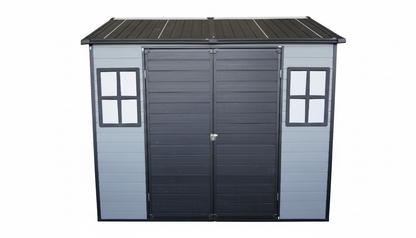 Upgraded 8x6ft Outdoor Resin Garden Shed with Floor and 2 Windows, Plastic Patio Outdoor Storage Shed with Lockable Door for Garden Tools, Bicycles, Trash Cans, Grey+Black