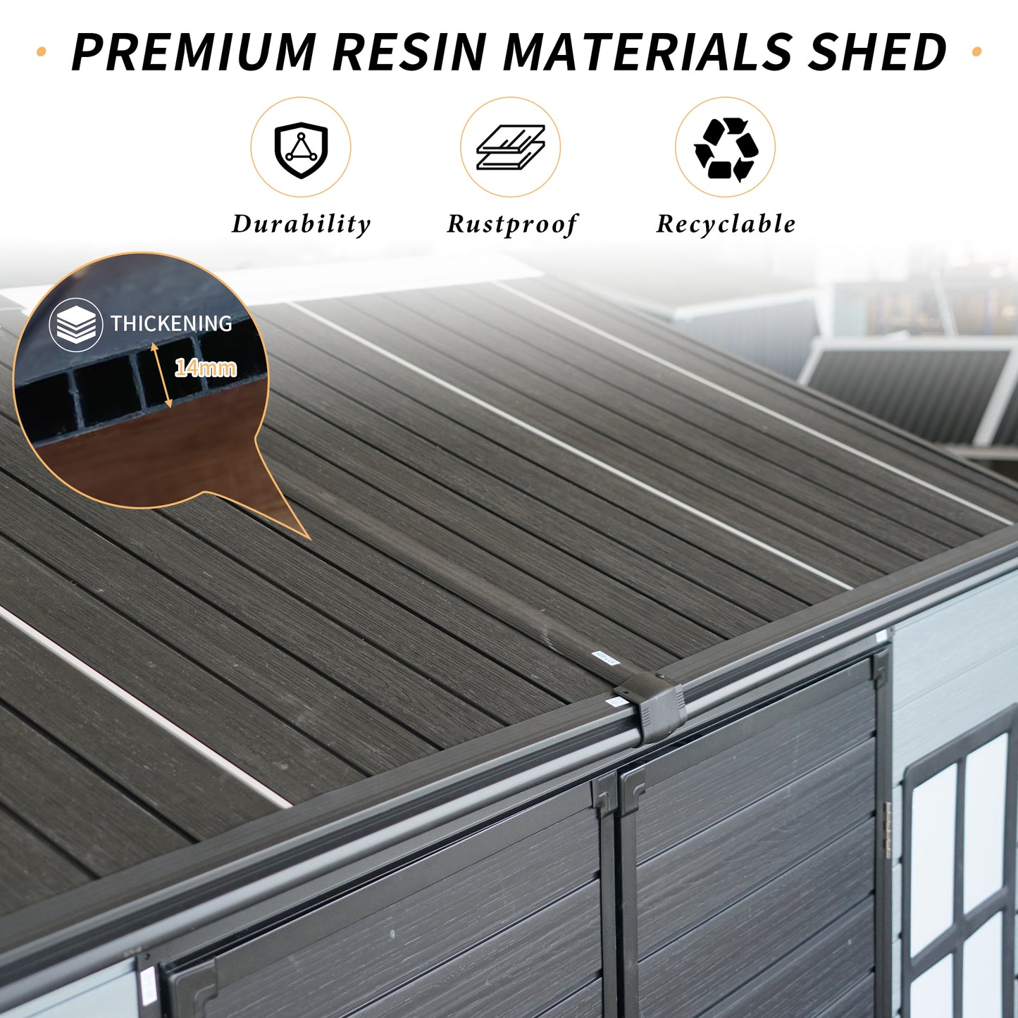 Upgraded 8x6ft Outdoor Resin Garden Shed with Floor and 2 Windows, Plastic Patio Outdoor Storage Shed with Lockable Door for Garden Tools, Bicycles, Trash Cans, Grey+Black