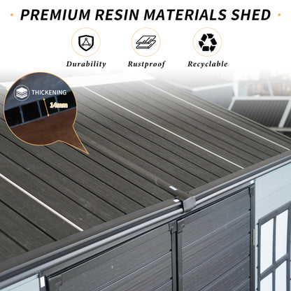 Upgraded 8x6ft Outdoor Resin Garden Shed with Floor and 2 Windows, Plastic Patio Outdoor Storage Shed with Lockable Door for Garden Tools, Bicycles, Trash Cans, Grey+Black