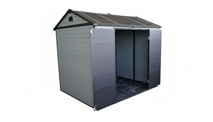 Upgraded 8x6ft Outdoor Resin Garden Shed with Floor and 2 Windows, Plastic Patio Outdoor Storage Shed with Lockable Door for Garden Tools, Bicycles, Trash Cans, Grey+Black