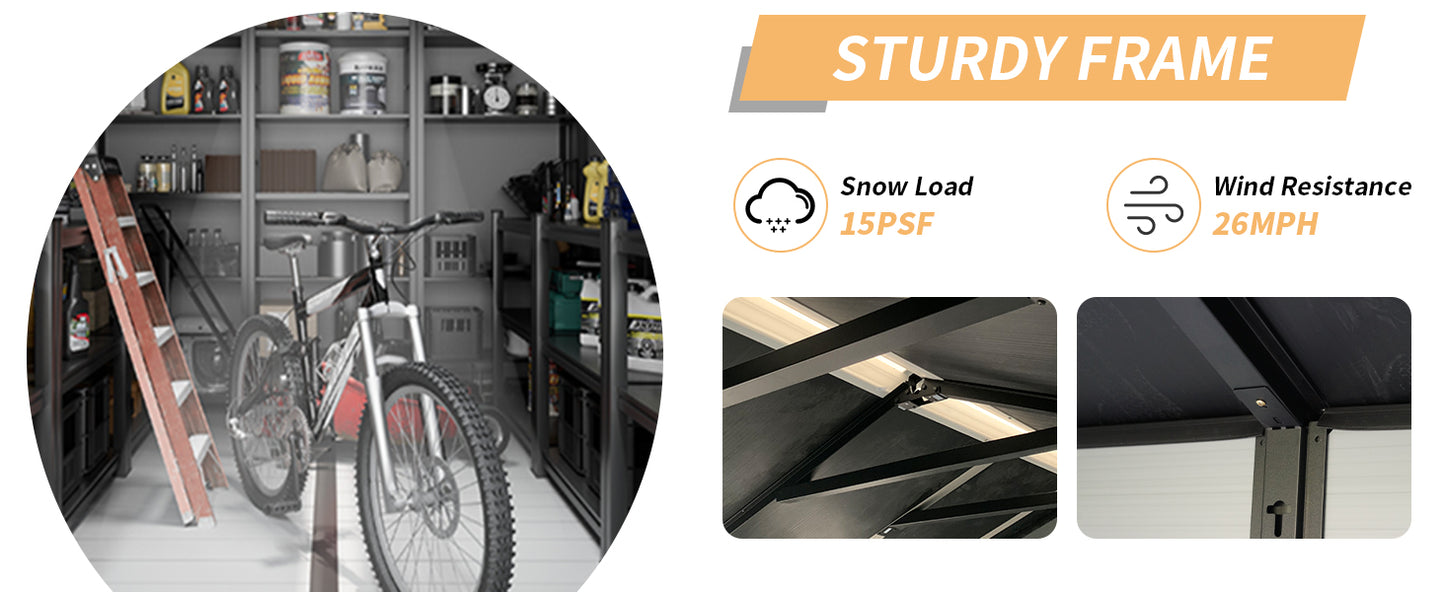 Upgraded 8x6ft Outdoor Resin Garden Shed with Floor and 2 Windows, Plastic Patio Outdoor Storage Shed with Lockable Door for Garden Tools, Bicycles, Trash Cans, Grey+Black