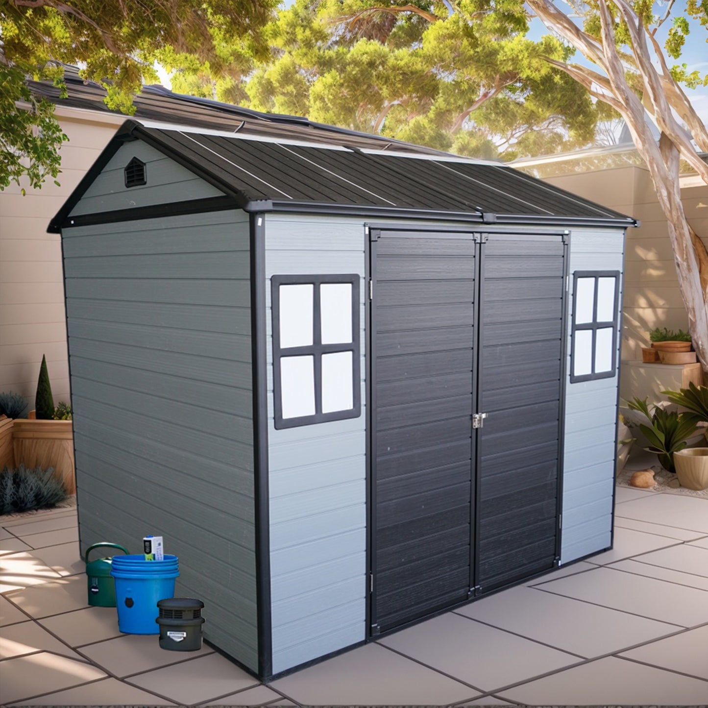 Upgraded 8x6ft Outdoor Resin Garden Shed with Floor and 2 Windows, Plastic Patio Outdoor Storage Shed with Lockable Door for Garden Tools, Bicycles, Trash Cans, Grey+Black