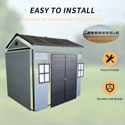 Upgraded 8x6ft Outdoor Resin Garden Shed with Floor and 2 Windows, Plastic Patio Outdoor Storage Shed with Lockable Door for Garden Tools, Bicycles, Trash Cans, Grey+Black