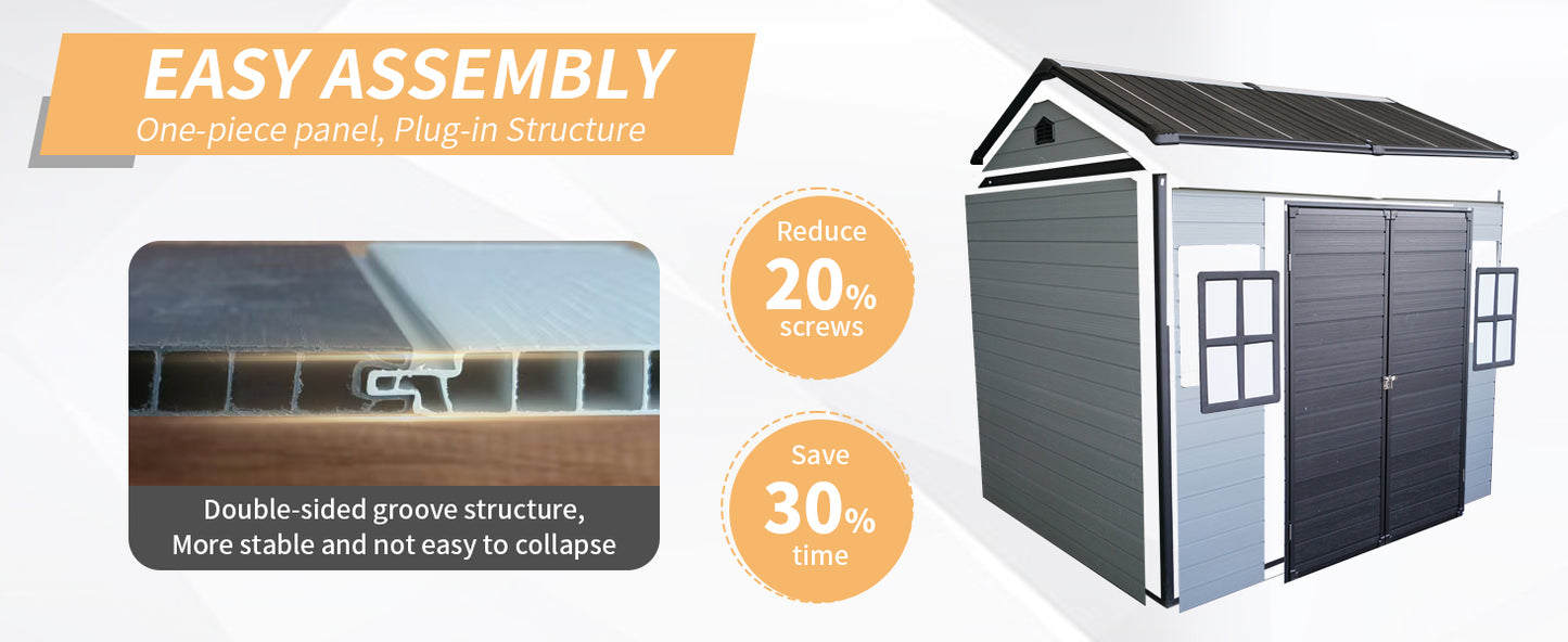 Upgraded 8x6ft Outdoor Resin Garden Shed with Floor and 2 Windows, Plastic Patio Outdoor Storage Shed with Lockable Door for Garden Tools, Bicycles, Trash Cans, Grey+Black