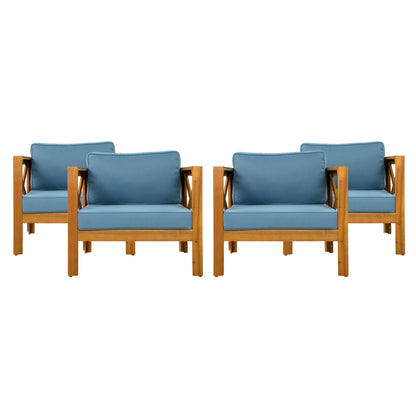 Patio Conversation Set, Outdoor Wood Leisure Seat(Set of 2),Armchair with Cushions,Selma Acacia Wood End Table ,Teak Finish,Blue cushion