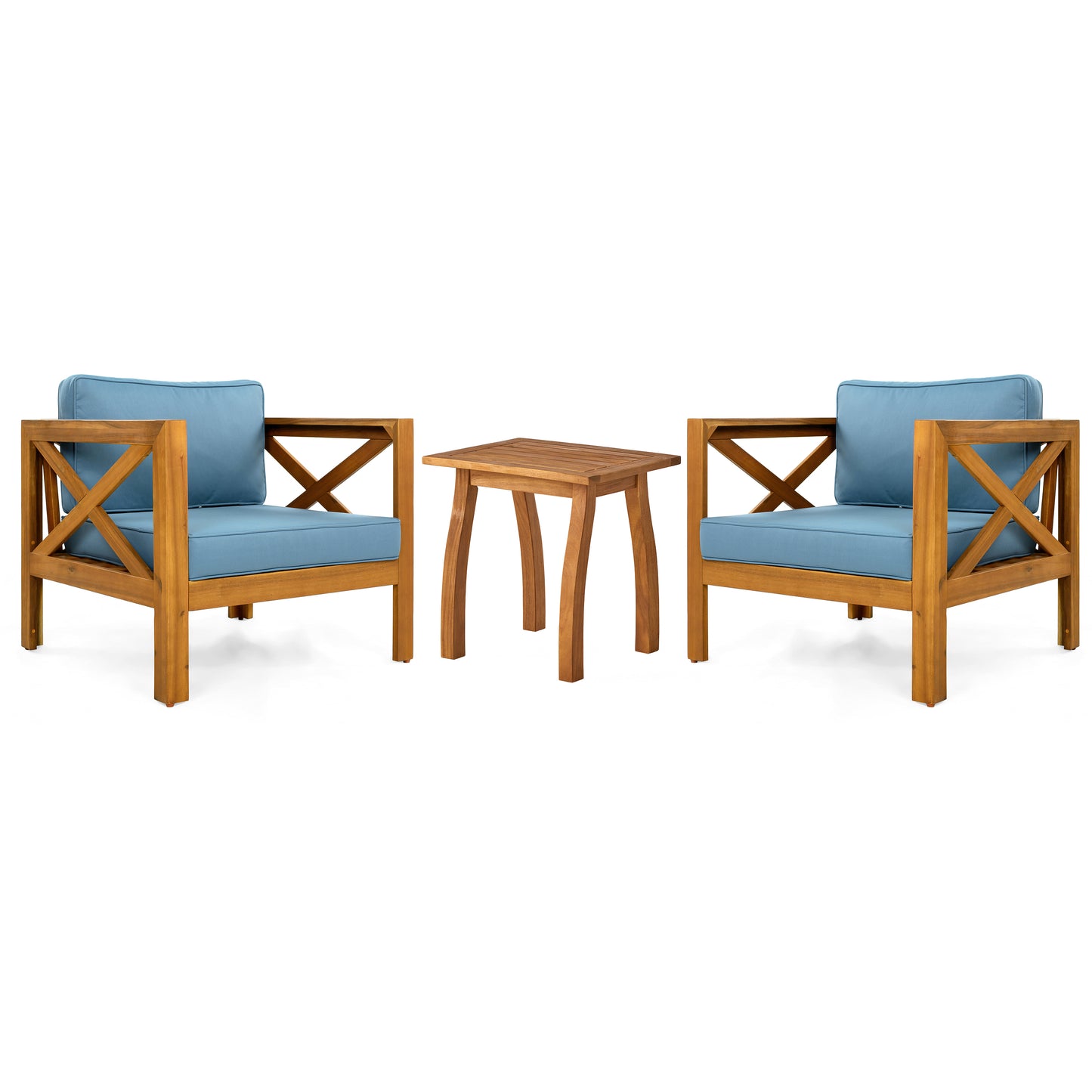 Patio Conversation Set, Outdoor Wood Leisure Seat(Set of 2),Armchair with Cushions,Selma Acacia Wood End Table ,Teak Finish,Blue cushion