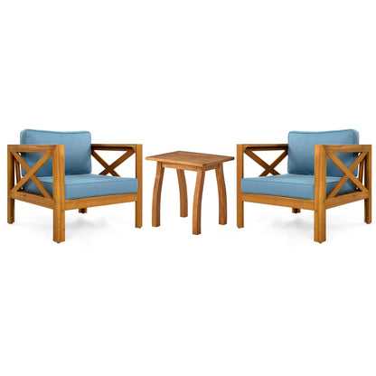 Patio Conversation Set, Outdoor Wood Leisure Seat(Set of 2),Armchair with Cushions,Selma Acacia Wood End Table ,Teak Finish,Blue cushion